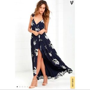 Lulu’s Navy Blue Floral Print High-Low Wrap Dress